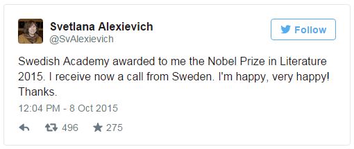 Nobel Edebiyat Ödülü'nü, Belaruslu Sveklana Aleksiyeviç aldı!